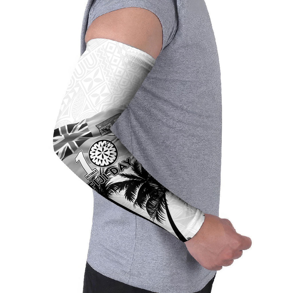 Personalised Fiji Day 2026 Arm Sleeves Masi Tapa Pattern With Palm Tree White Version