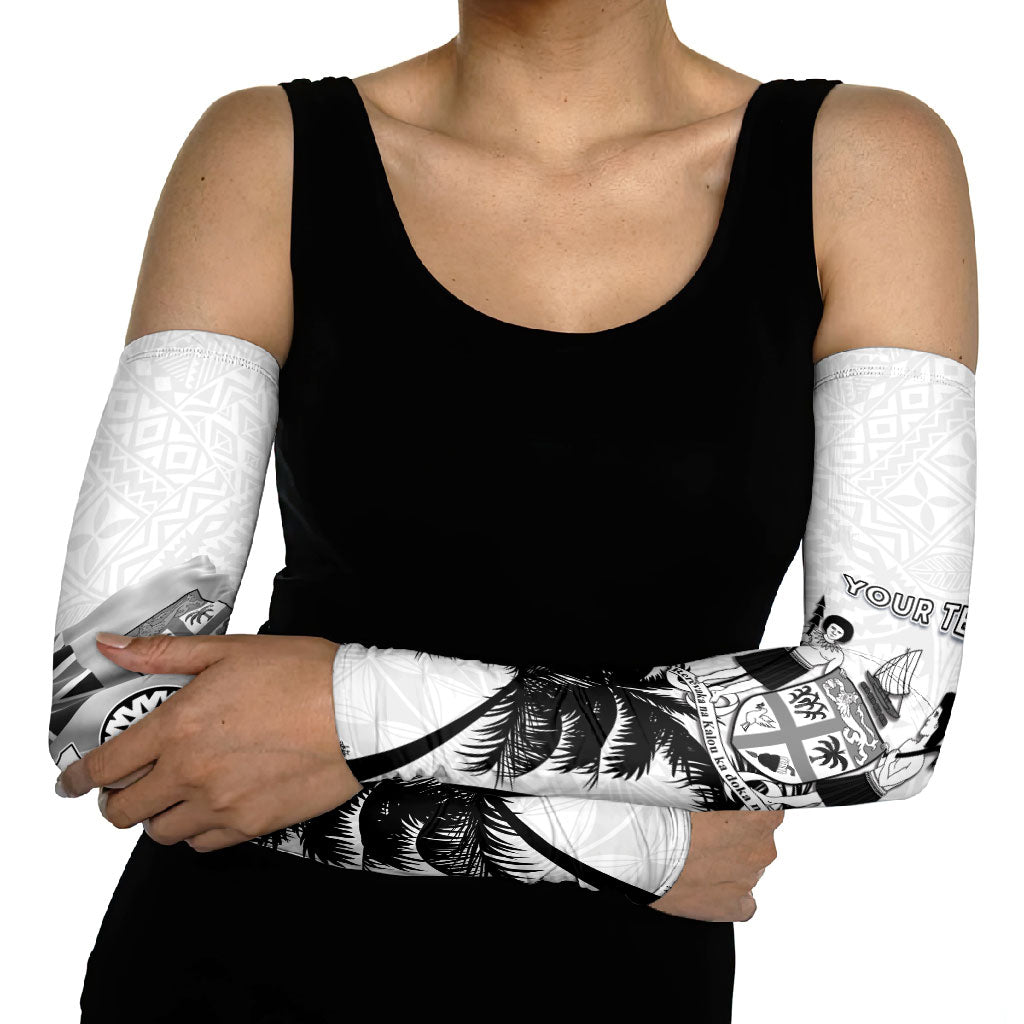 Personalised Fiji Day 2026 Arm Sleeves Masi Tapa Pattern With Palm Tree White Version