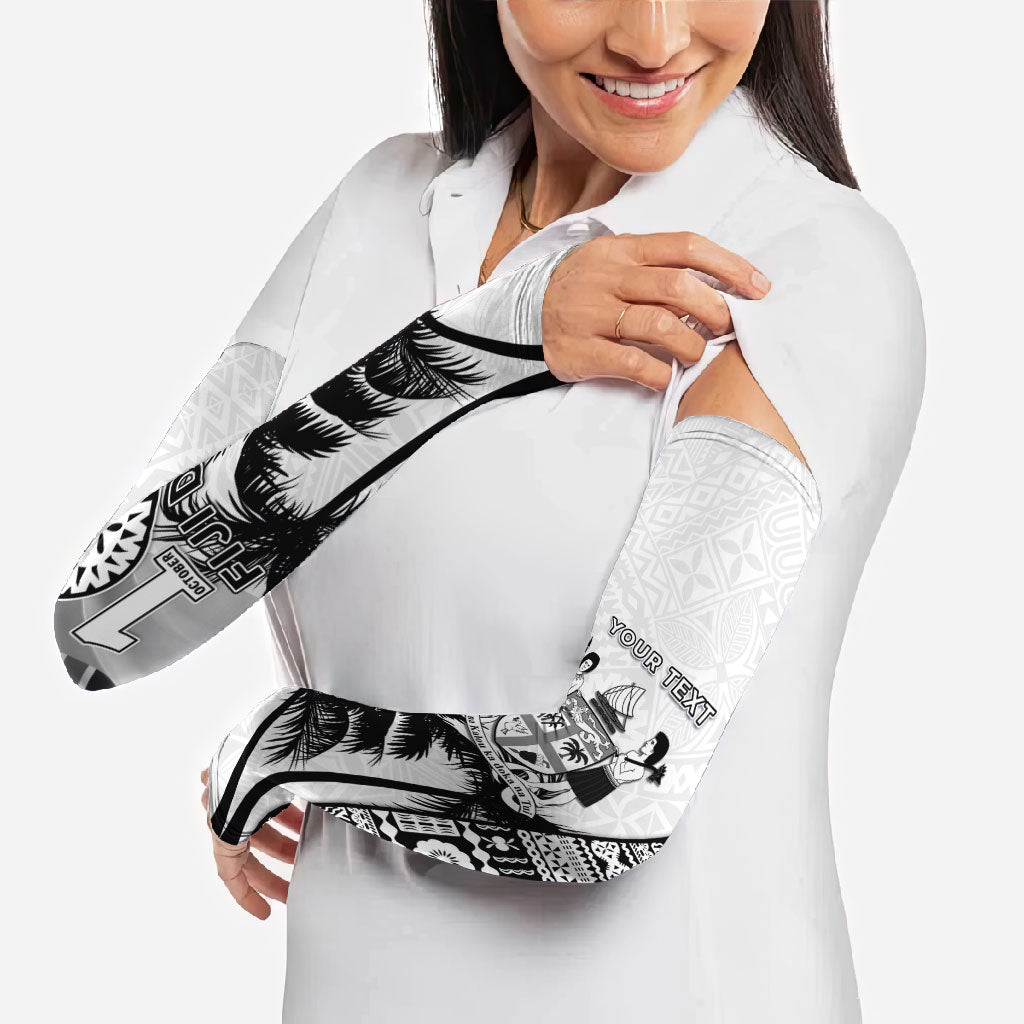 Personalised Fiji Day 2026 Arm Sleeves Masi Tapa Pattern With Palm Tree White Version