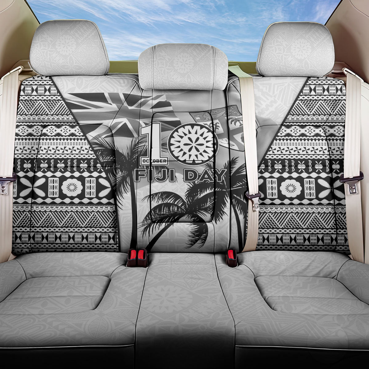 Fiji Day 2026 Back Car Seat Cover Masi Tapa Pattern With Palm Tree White Version LT05 One Size White - Polynesian Pride