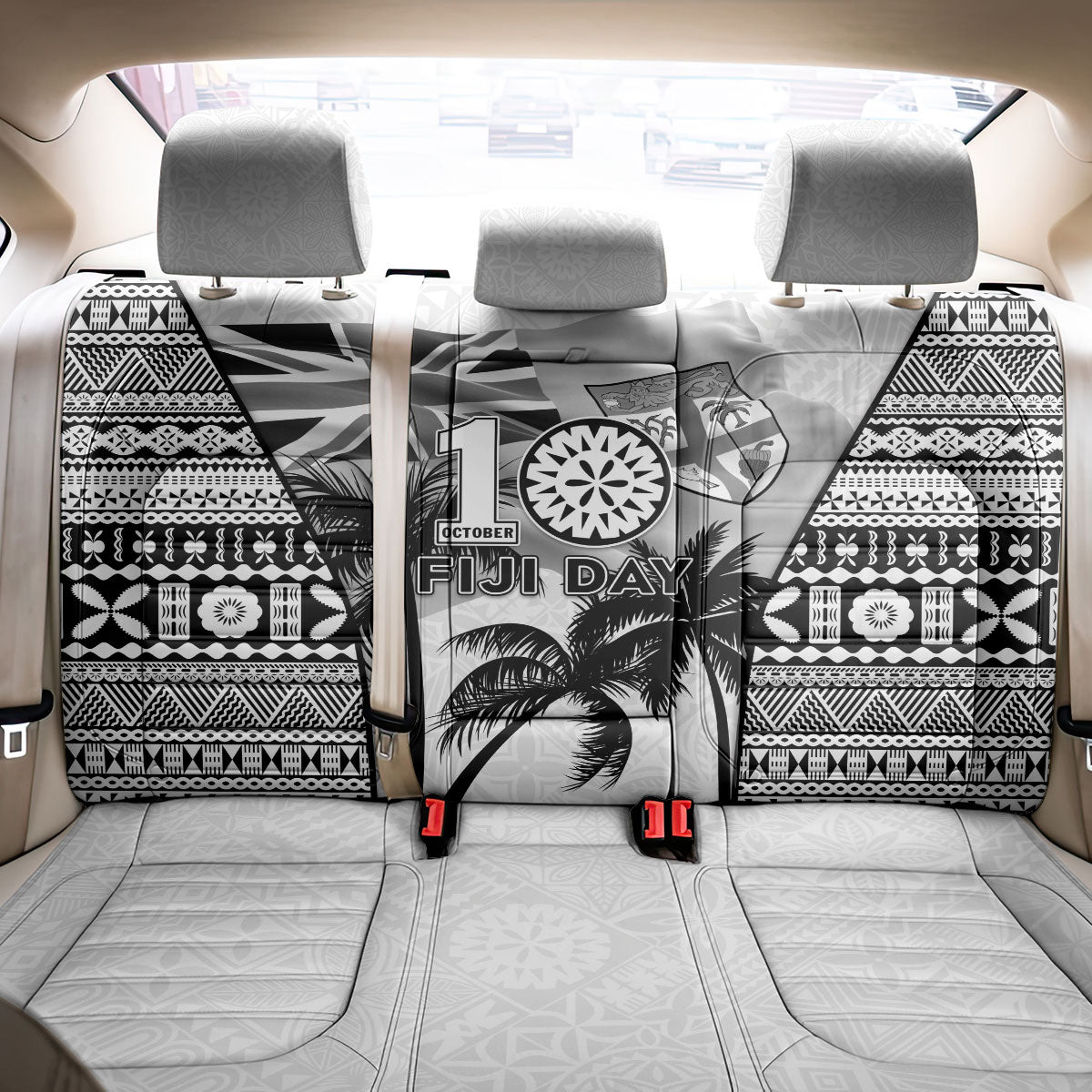 Fiji Day 2026 Back Car Seat Cover Masi Tapa Pattern With Palm Tree White Version LT05 - Polynesian Pride