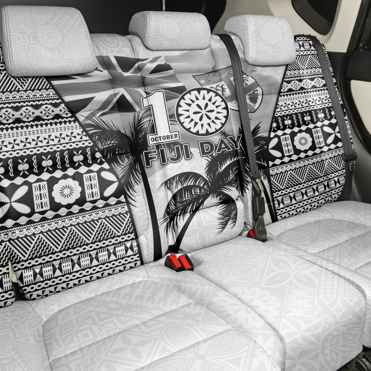 Fiji Day 2026 Back Car Seat Cover Masi Tapa Pattern With Palm Tree White Version LT05 - Polynesian Pride