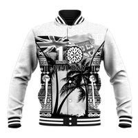 Personalised Fiji Day 2026 Baseball Jacket Masi Tapa Pattern With Palm Tree White Version LT05 Unisex White - Polynesian Pride