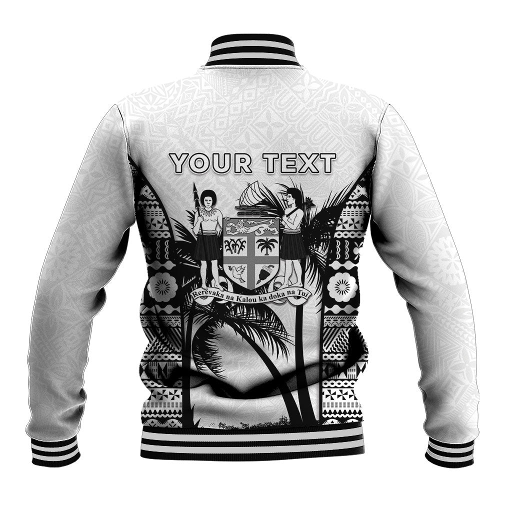 Personalised Fiji Day 2026 Baseball Jacket Masi Tapa Pattern With Palm Tree White Version LT05 - Polynesian Pride