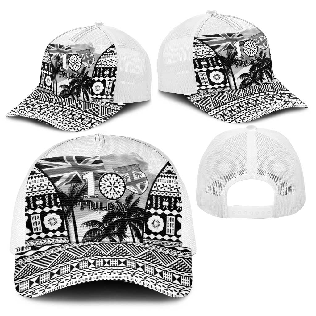 Fiji Day 2026 Baseball Net Cap Masi Tapa Pattern With Palm Tree White Version