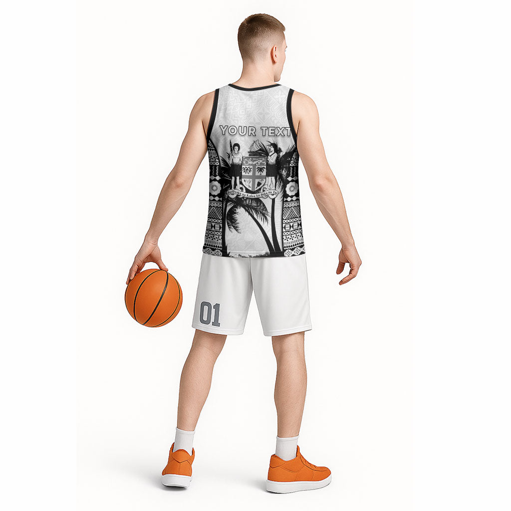 Personalised Fiji Day 2026 Basketball Jersey Masi Tapa Pattern With Palm Tree White Version LT05 - Polynesian Pride