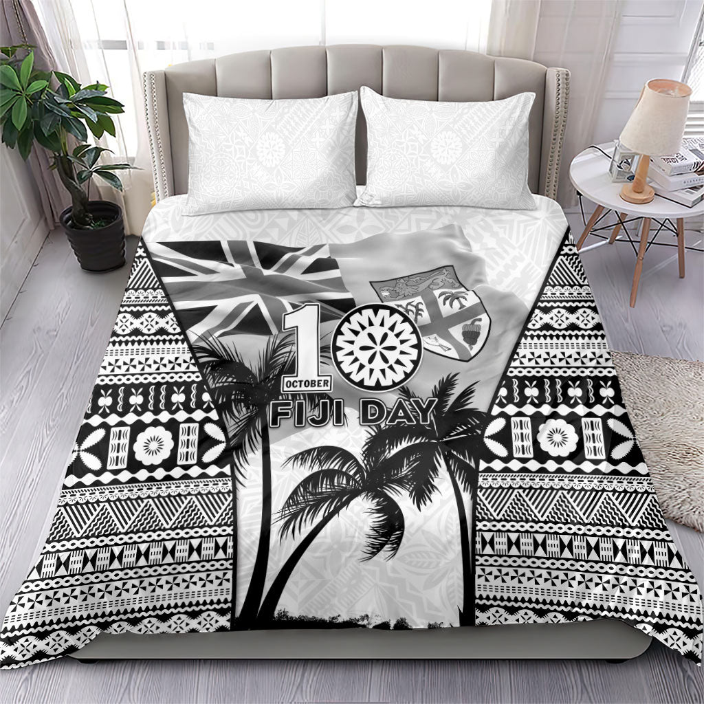 Fiji Day 2026 Bedding Set Masi Tapa Pattern With Palm Tree White Version LT05 - Polynesian Pride