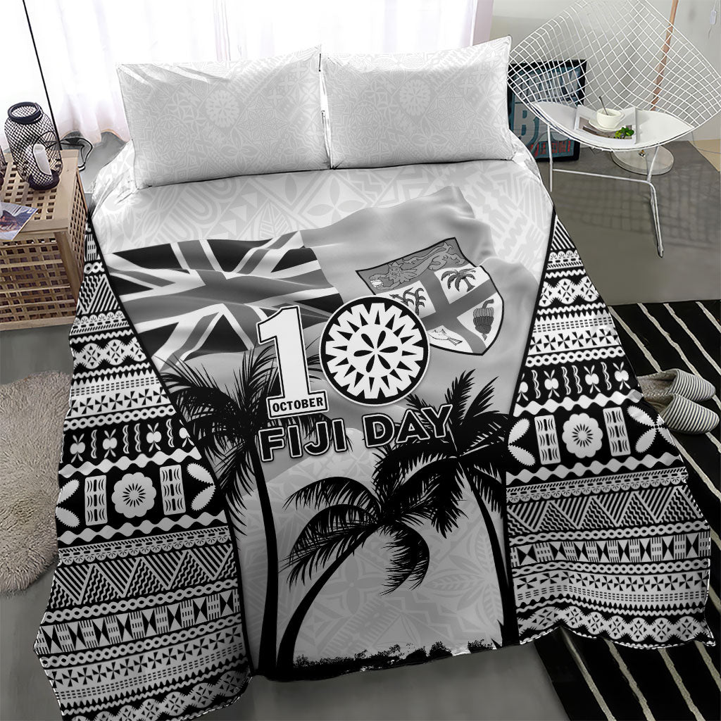 Fiji Day 2026 Bedding Set Masi Tapa Pattern With Palm Tree White Version LT05 - Polynesian Pride