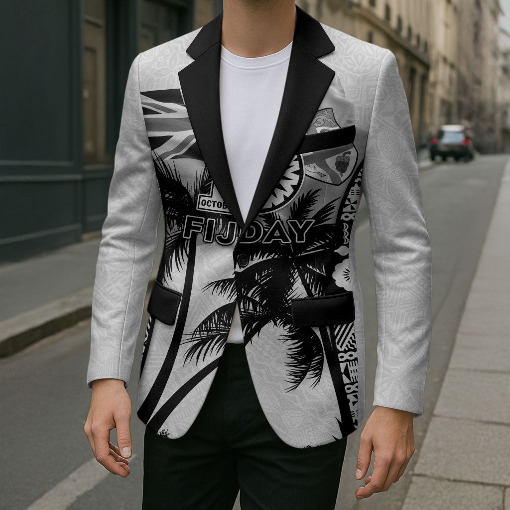 Personalised Fiji Day 2026 Blazer Masi Tapa Pattern With Palm Tree White Version LT05 - Polynesian Pride