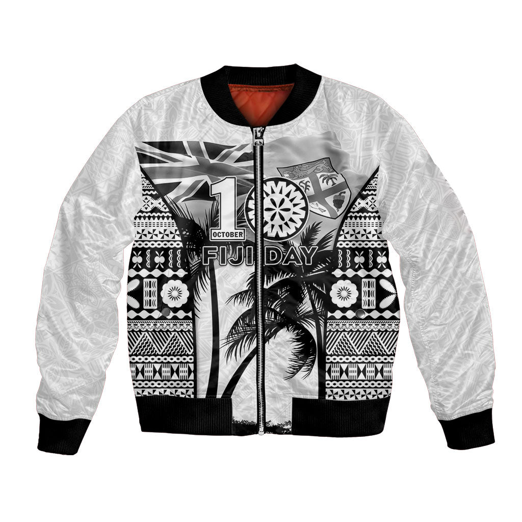 Personalised Fiji Day 2026 Bomber Jacket Masi Tapa Pattern With Palm Tree White Version