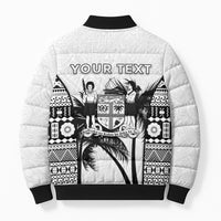 Personalised Fiji Day 2026 Bomber Puffer Jacket Masi Tapa Pattern With Palm Tree White Version