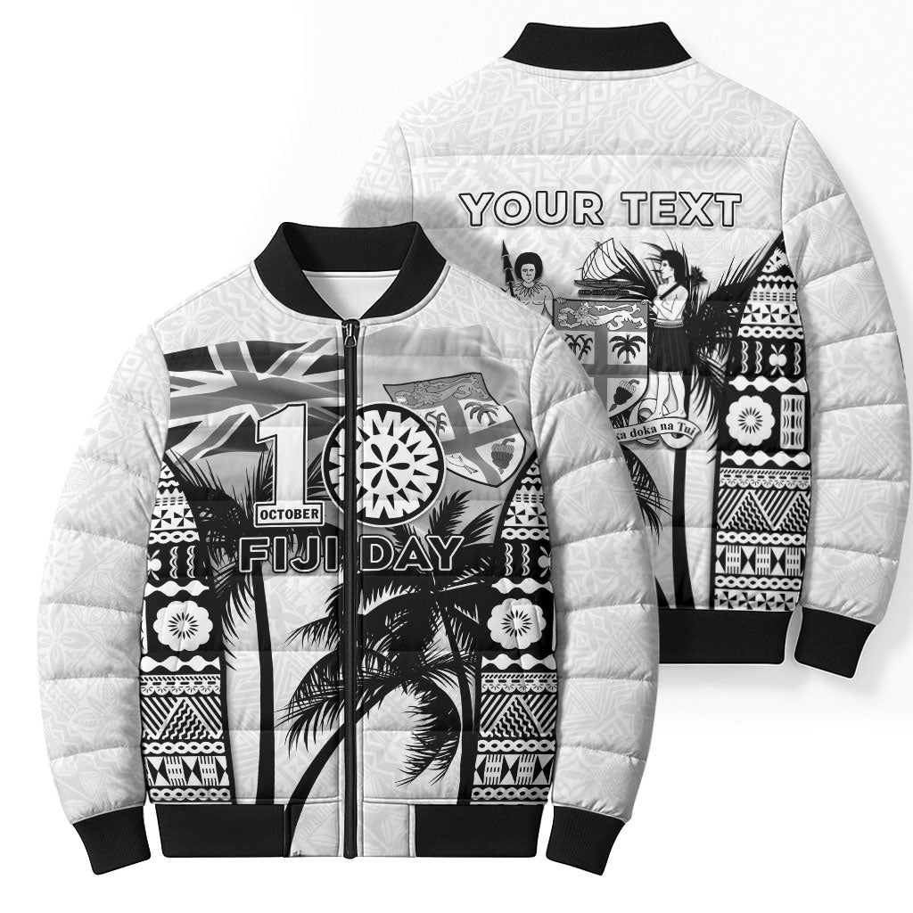 Personalised Fiji Day 2026 Bomber Puffer Jacket Masi Tapa Pattern With Palm Tree White Version