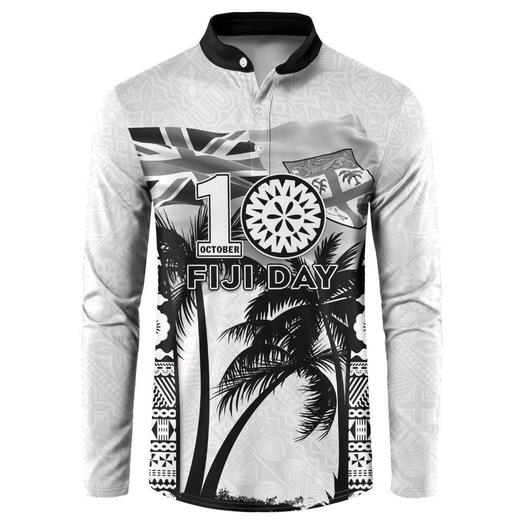 Personalised Fiji Day 2026 Button Sweatshirt Masi Tapa Pattern With Palm Tree White Version LT05 White - Polynesian Pride