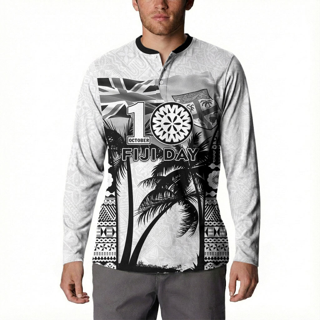 Personalised Fiji Day 2026 Button Sweatshirt Masi Tapa Pattern With Palm Tree White Version LT05 - Polynesian Pride