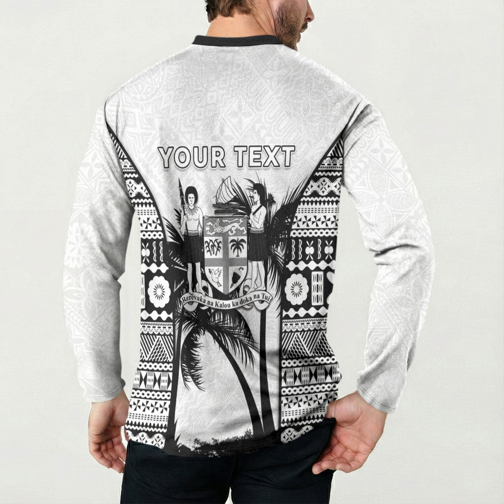 Personalised Fiji Day 2026 Button Sweatshirt Masi Tapa Pattern With Palm Tree White Version LT05 - Polynesian Pride