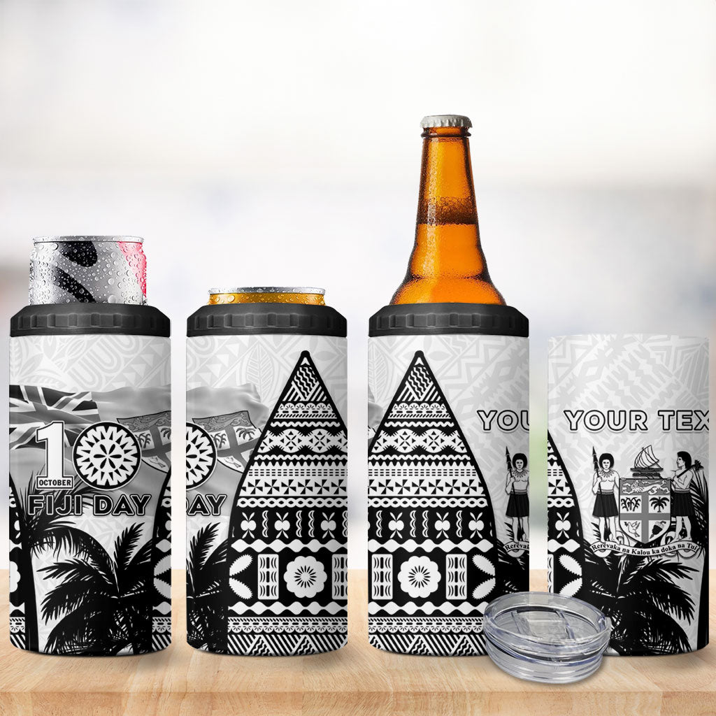 Personalised Fiji Day 2026 4 in 1 Can Cooler Tumbler Masi Tapa Pattern With Palm Tree White Version LT05 - Polynesian Pride