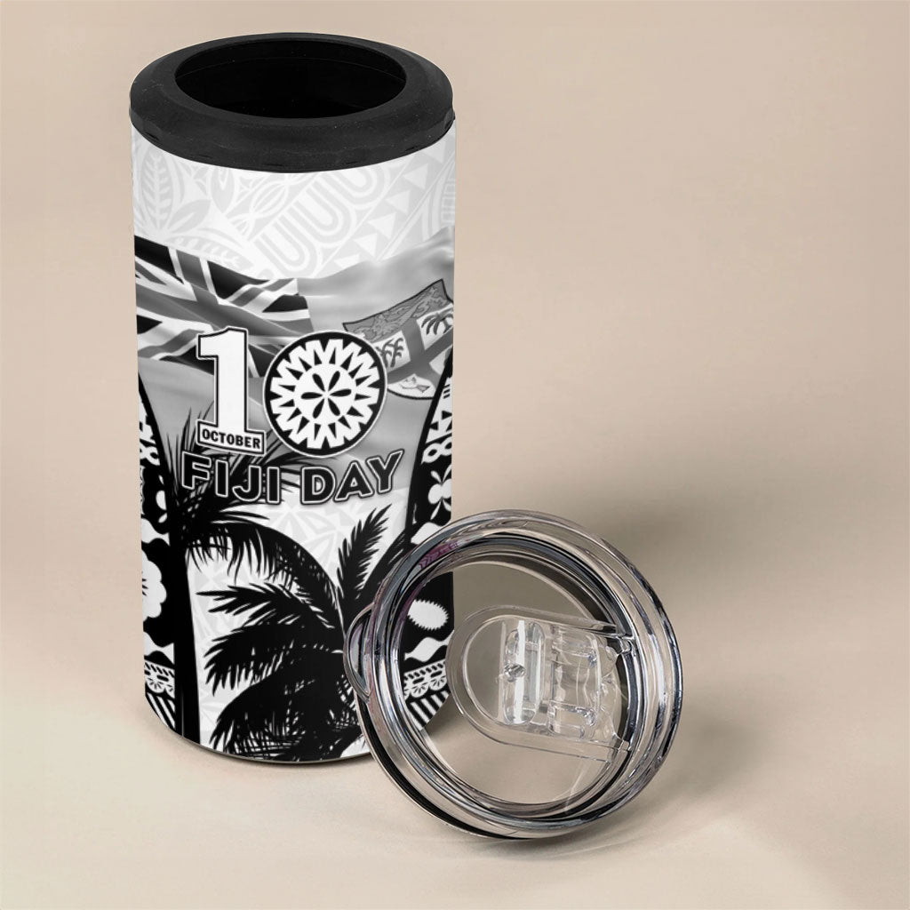 Personalised Fiji Day 2026 4 in 1 Can Cooler Tumbler Masi Tapa Pattern With Palm Tree White Version LT05 - Polynesian Pride