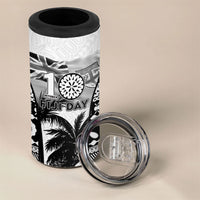 Personalised Fiji Day 2026 4 in 1 Can Cooler Tumbler Masi Tapa Pattern With Palm Tree White Version LT05 - Polynesian Pride