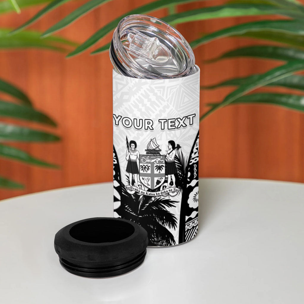 Personalised Fiji Day 2026 4 in 1 Can Cooler Tumbler Masi Tapa Pattern With Palm Tree White Version LT05 - Polynesian Pride