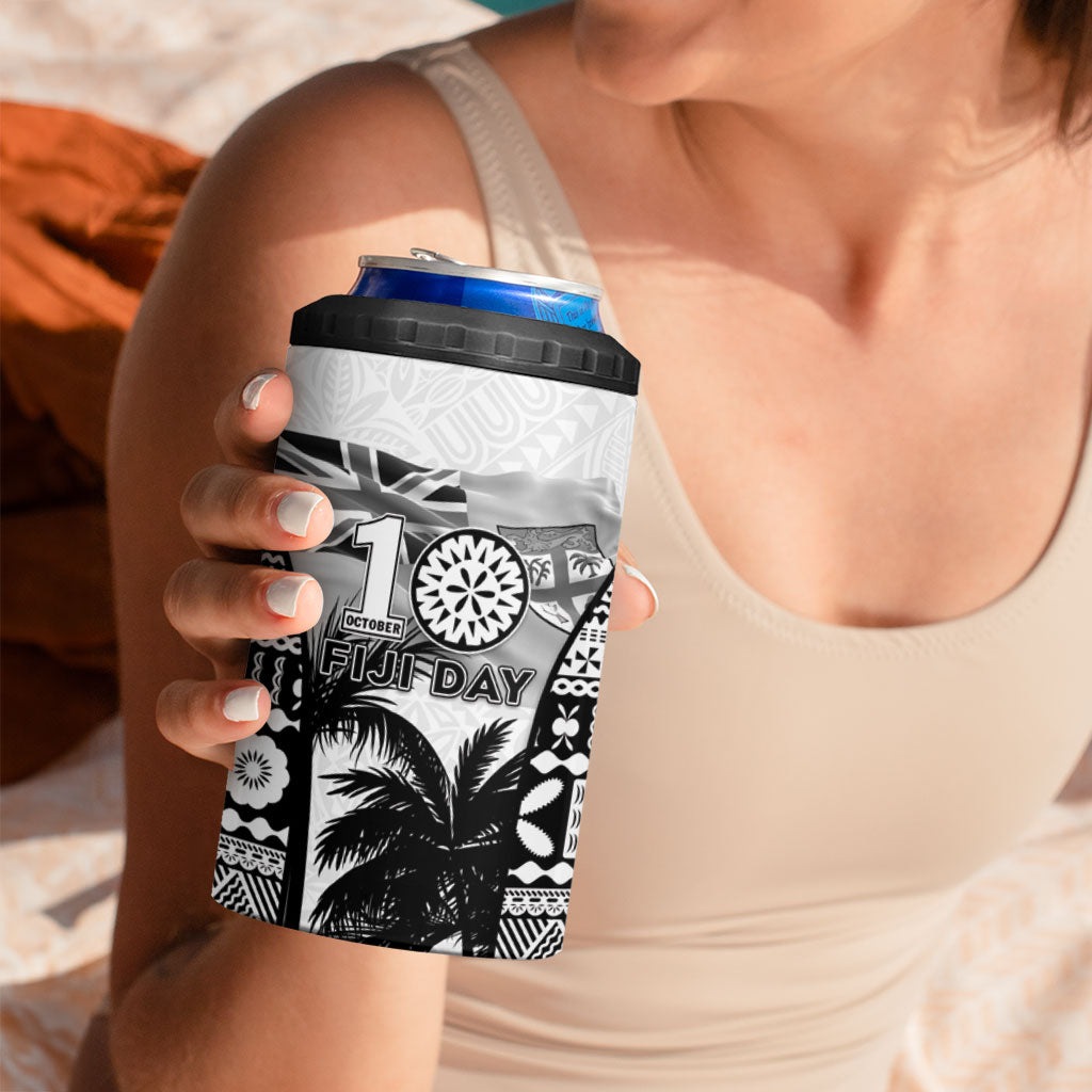 Personalised Fiji Day 2026 4 in 1 Can Cooler Tumbler Masi Tapa Pattern With Palm Tree White Version LT05 - Polynesian Pride
