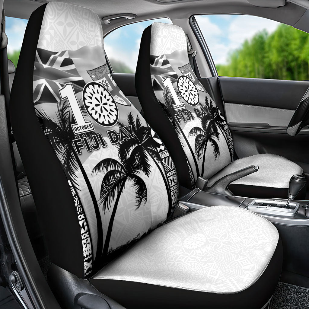 Fiji Day 2026 Car Seat Cover Masi Tapa Pattern With Palm Tree White Version LT05 - Polynesian Pride