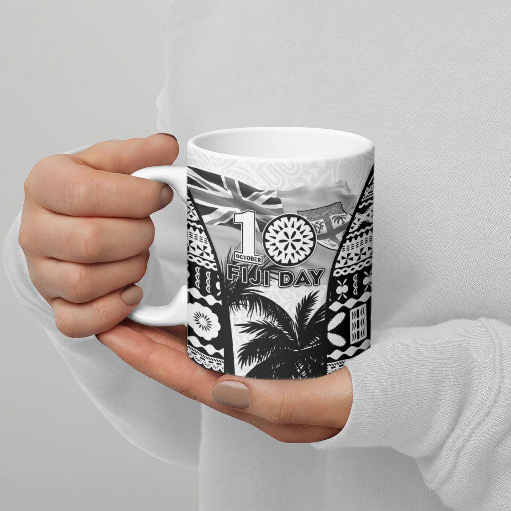 Personalised Fiji Day 2026 Ceramic Mug Masi Tapa Pattern With Palm Tree White Version LT05 - Polynesian Pride