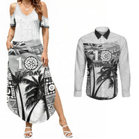 Personalised Fiji Day 2026 Couples Matching Summer Maxi Dress and Long Sleeve Button Shirt Masi Tapa Pattern With Palm Tree White Version LT05 White - Polynesian Pride