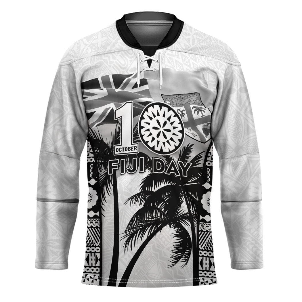 Personalised Fiji Day 2026 Hockey Jersey Masi Tapa Pattern With Palm Tree White Version