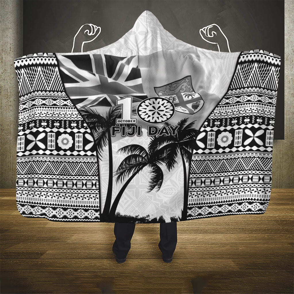 Fiji Day 2026 Hooded Blanket Masi Tapa Pattern With Palm Tree White Version LT05 - Polynesian Pride
