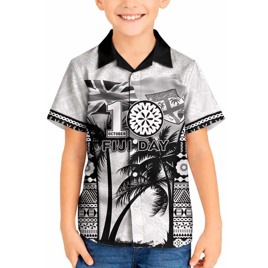 Personalised Fiji Day 2026 Kid Hawaiian Shirt Masi Tapa Pattern With Palm Tree White Version