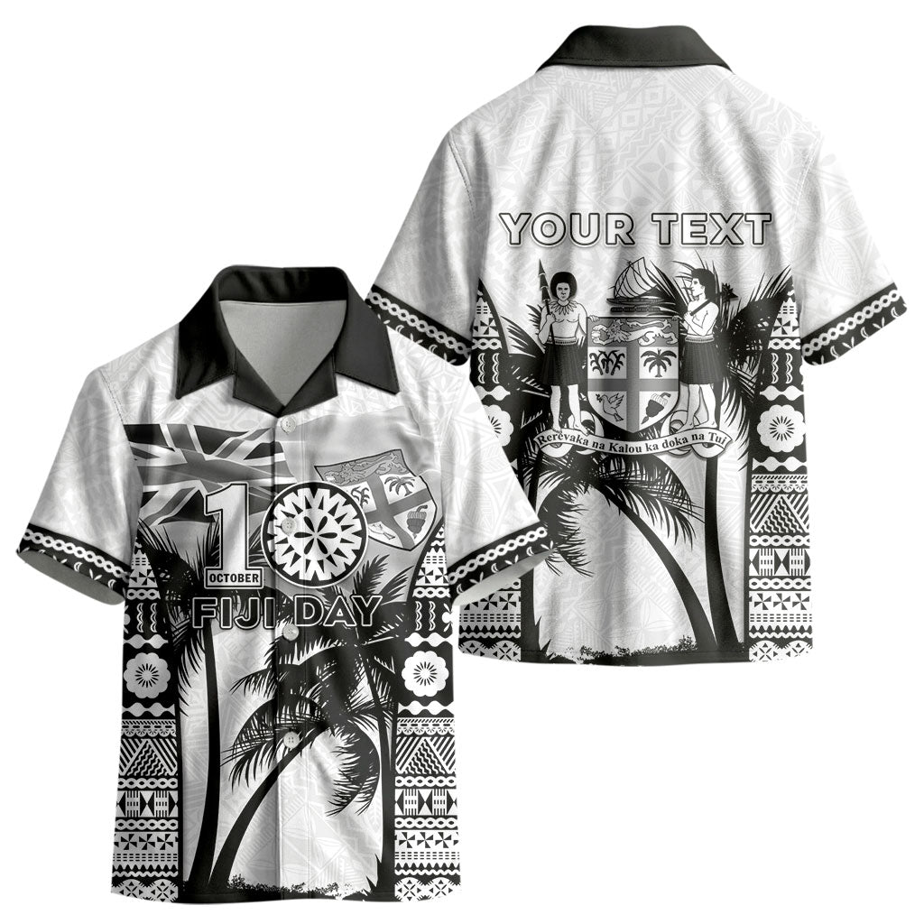 Personalised Fiji Day 2026 Kid Hawaiian Shirt Masi Tapa Pattern With Palm Tree White Version
