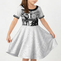 Personalised Fiji Day 2026 Kid Short Sleeve Dress Masi Tapa Pattern With Palm Tree White Version