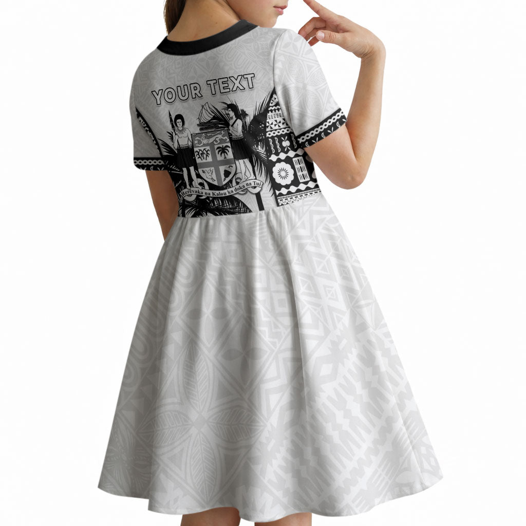 Personalised Fiji Day 2026 Kid Short Sleeve Dress Masi Tapa Pattern With Palm Tree White Version