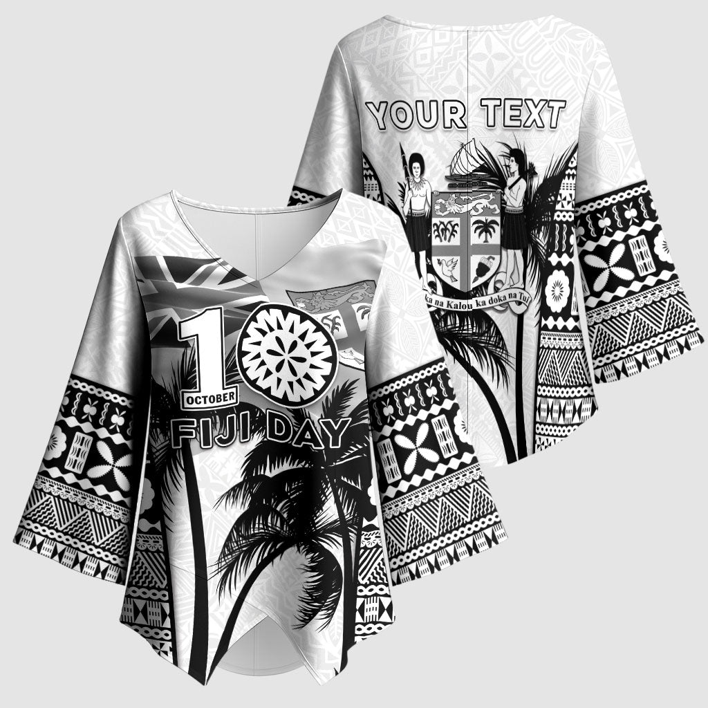 Personalised Fiji Day 2026 Kimono Sleeve Blouse Masi Tapa Pattern With Palm Tree White Version LT05 - Polynesian Pride