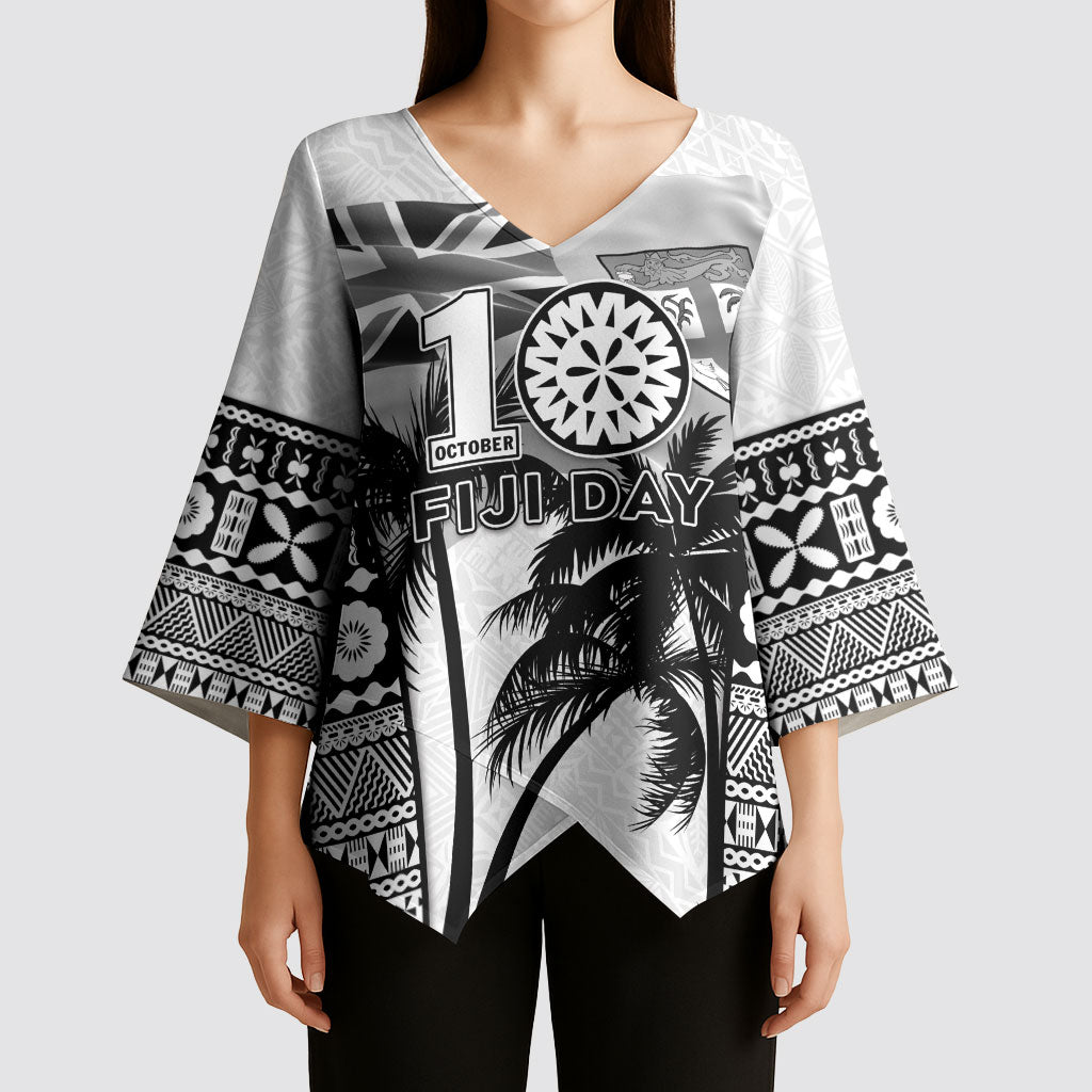 Personalised Fiji Day 2026 Kimono Sleeve Blouse Masi Tapa Pattern With Palm Tree White Version LT05 - Polynesian Pride