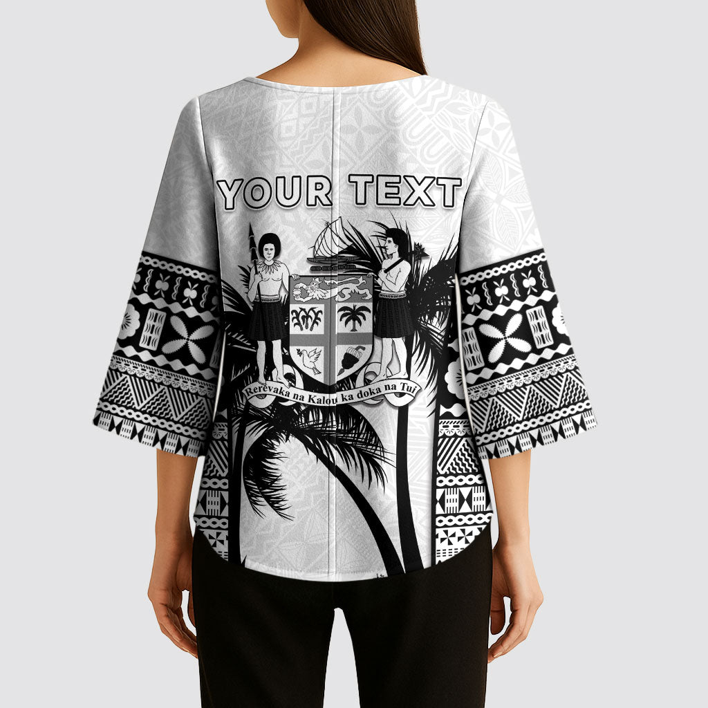 Personalised Fiji Day 2026 Kimono Sleeve Blouse Masi Tapa Pattern With Palm Tree White Version LT05 - Polynesian Pride