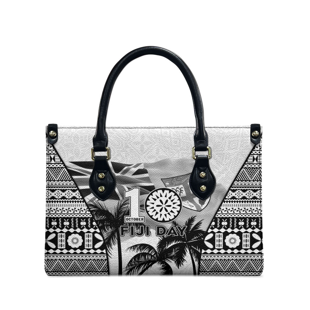 Fiji Day 2026 Leather Bag Masi Tapa Pattern With Palm Tree White Version LT05 - Polynesian Pride
