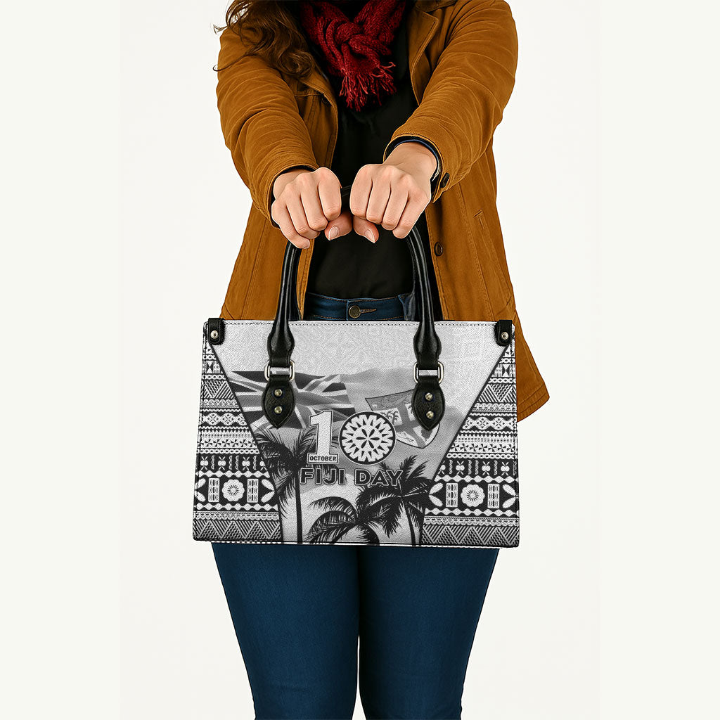 Fiji Day 2026 Leather Bag Masi Tapa Pattern With Palm Tree White Version LT05 - Polynesian Pride