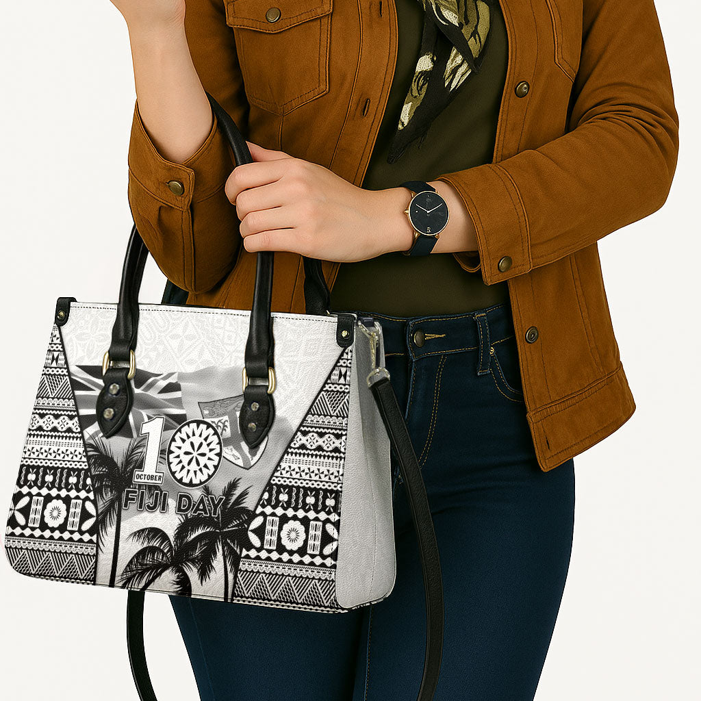 Fiji Day 2026 Leather Bag Masi Tapa Pattern With Palm Tree White Version LT05 - Polynesian Pride