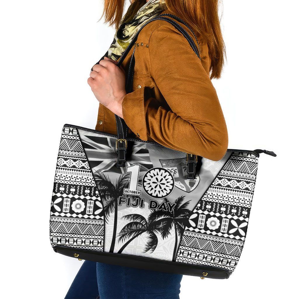 Fiji Day 2026 Leather Tote Bag Masi Tapa Pattern With Palm Tree White Version LT05 White - Polynesian Pride