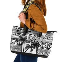 Fiji Day 2026 Leather Tote Bag Masi Tapa Pattern With Palm Tree White Version LT05 White - Polynesian Pride