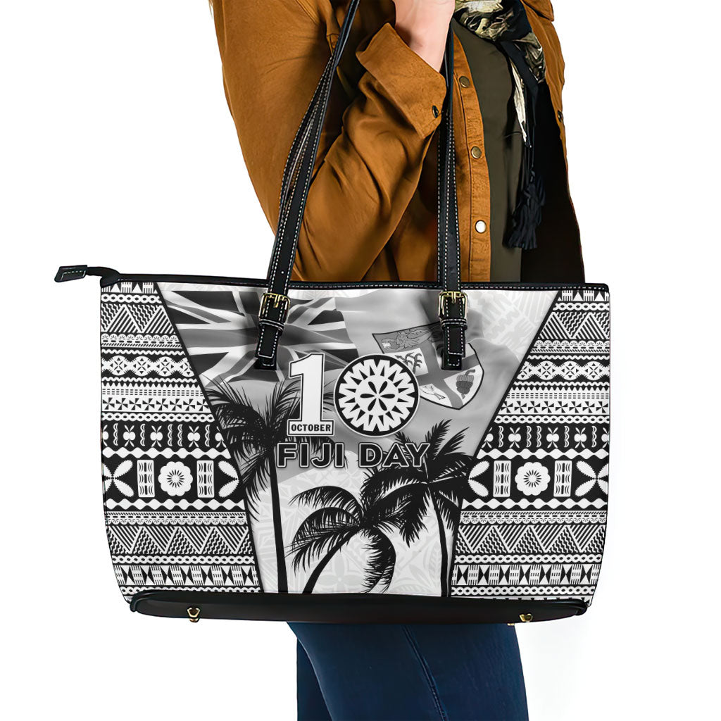 Fiji Day 2026 Leather Tote Bag Masi Tapa Pattern With Palm Tree White Version LT05 - Polynesian Pride