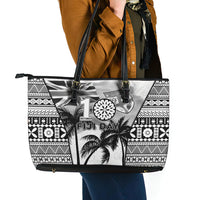 Fiji Day 2026 Leather Tote Bag Masi Tapa Pattern With Palm Tree White Version LT05 - Polynesian Pride