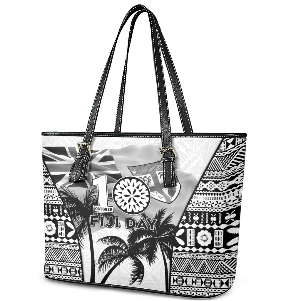 Fiji Day 2026 Leather Tote Bag Masi Tapa Pattern With Palm Tree White Version LT05 - Polynesian Pride