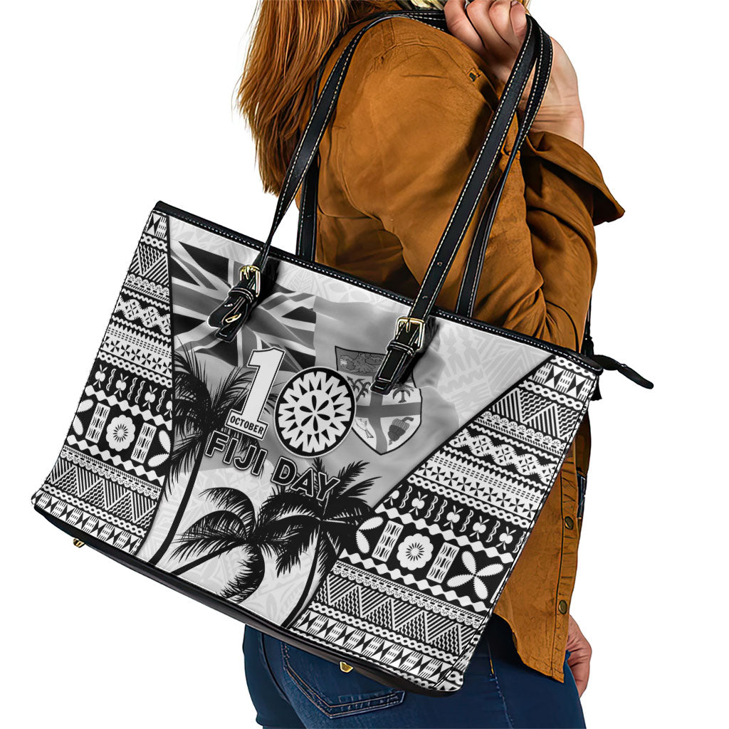 Fiji Day 2026 Leather Tote Bag Masi Tapa Pattern With Palm Tree White Version LT05 - Polynesian Pride