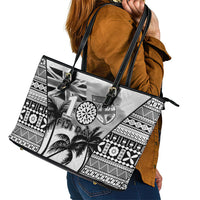 Fiji Day 2026 Leather Tote Bag Masi Tapa Pattern With Palm Tree White Version LT05 - Polynesian Pride