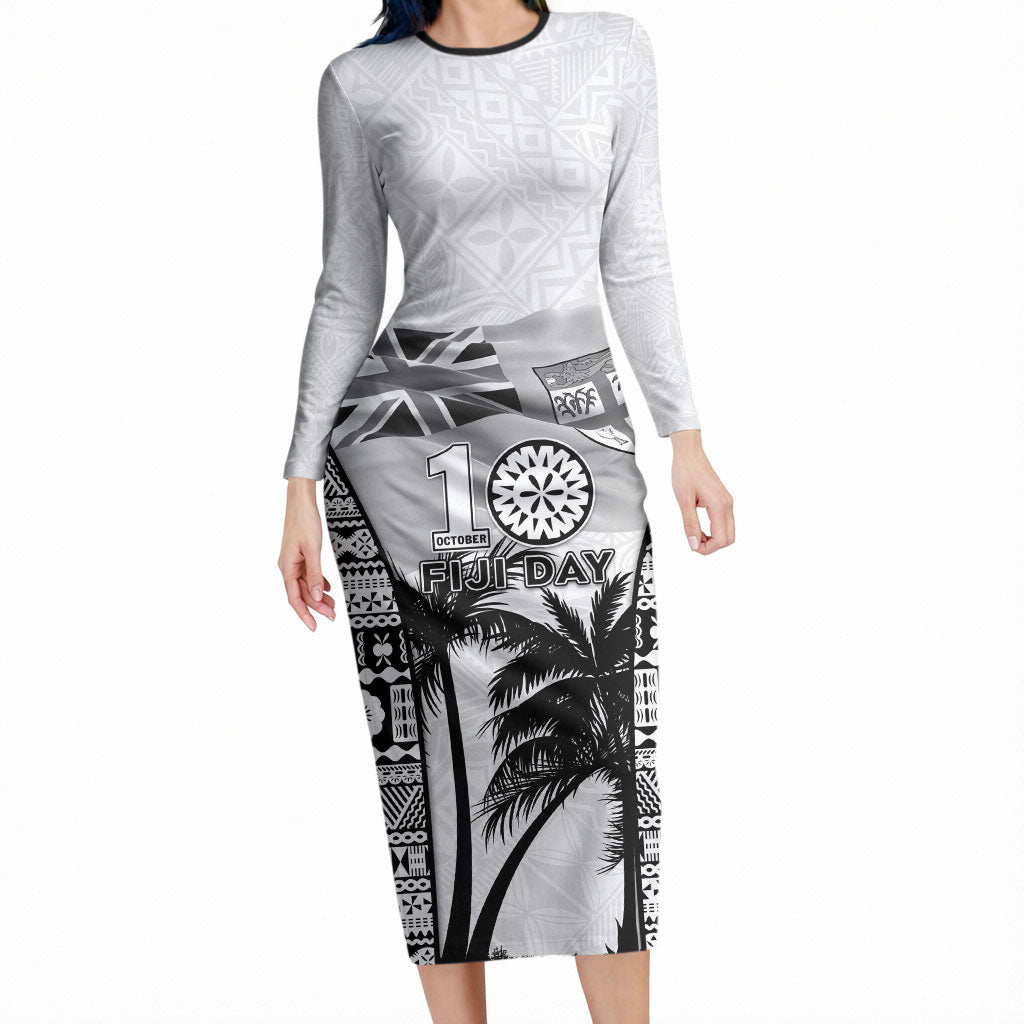 Personalised Fiji Day 2026 Long Sleeve Bodycon Dress Masi Tapa Pattern With Palm Tree White Version LT05 Long Dress White - Polynesian Pride