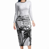 Personalised Fiji Day 2026 Long Sleeve Bodycon Dress Masi Tapa Pattern With Palm Tree White Version LT05 Long Dress White - Polynesian Pride