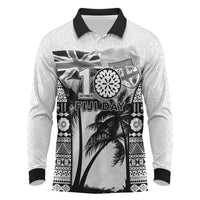 Personalised Fiji Day 2026 Long Sleeve Polo Shirt Masi Tapa Pattern With Palm Tree White Version