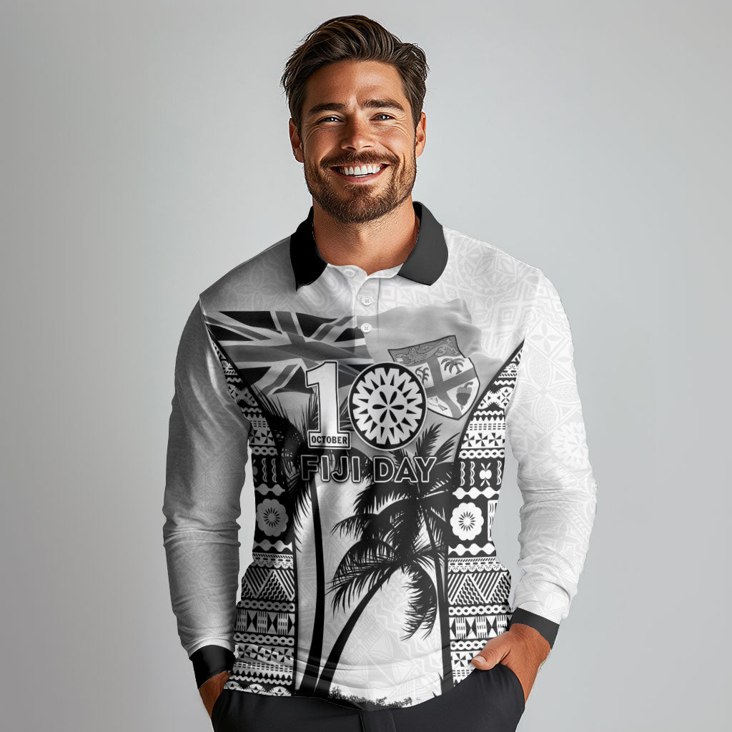 Personalised Fiji Day 2026 Long Sleeve Polo Shirt Masi Tapa Pattern With Palm Tree White Version
